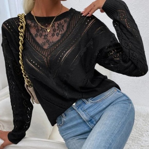 Lace Detailed Long sleeve Knit Sweater  Top Black - Picture 3 of 6